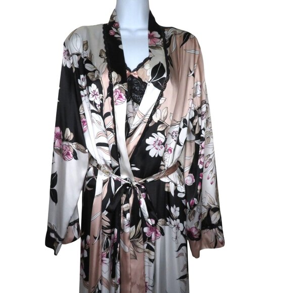 Linea Donatella Floral Chiffon Nightgown & Robe Set Lace Trim Black/Pink Medium - Picture 9 of 12